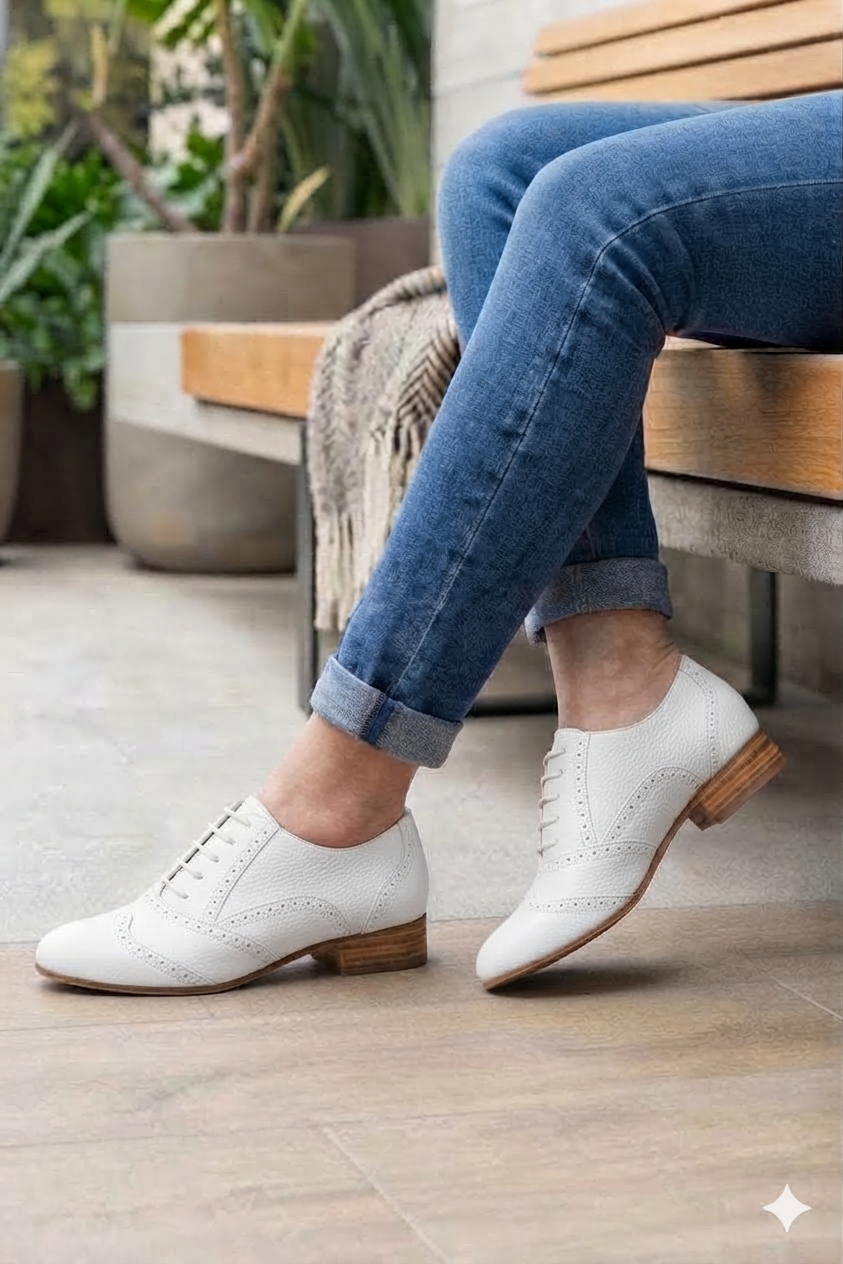 Women's off-white oxfords and derby shoes with round toe and leather sole - Top view
